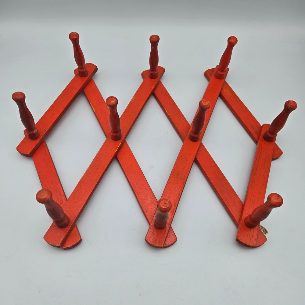 Vintage Orange Accordion Wall Rack 10 Peg Wood Expandable Coat Hanger Retro MCM